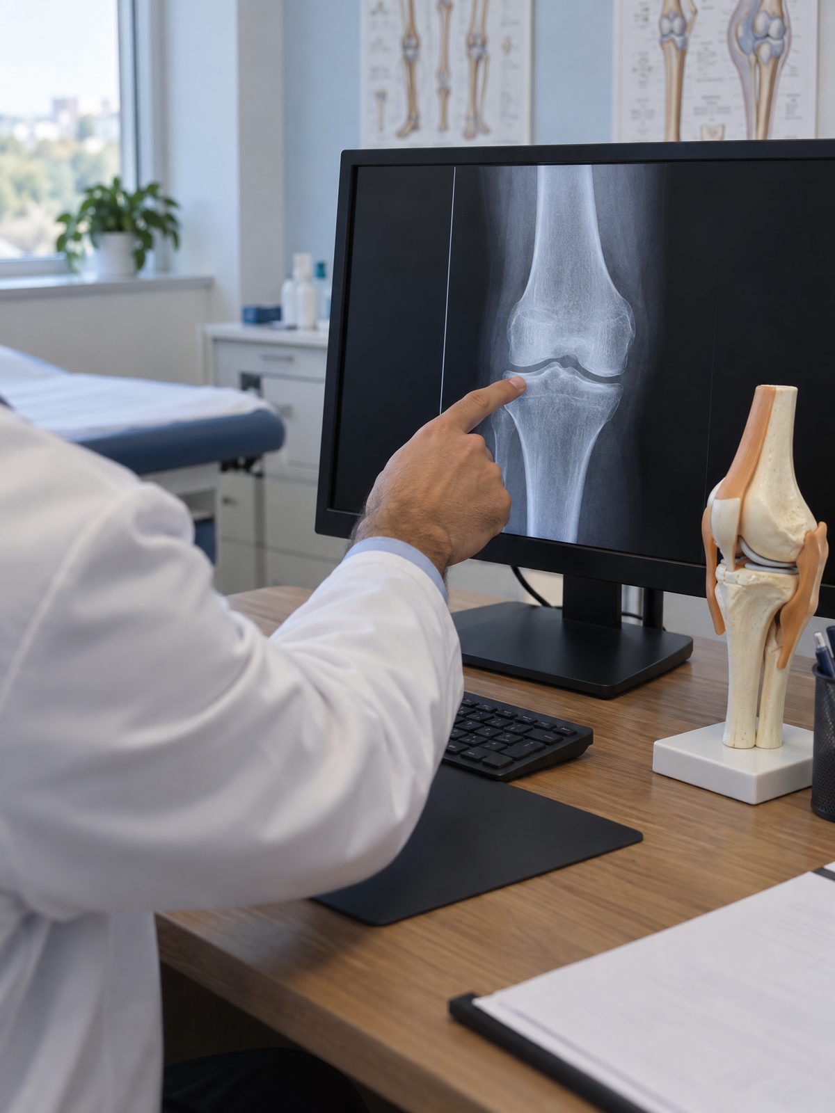Radiografia del ginocchio analizzata sul monitor dello studio durante la valutazione dell'artrosi