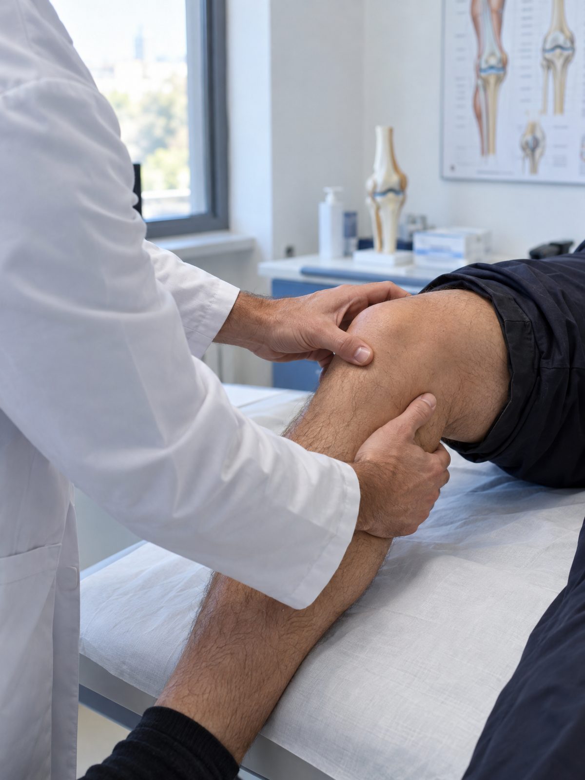Il chirurgo ortopedico esamina il ginocchio di un paziente durante la visita specialistica